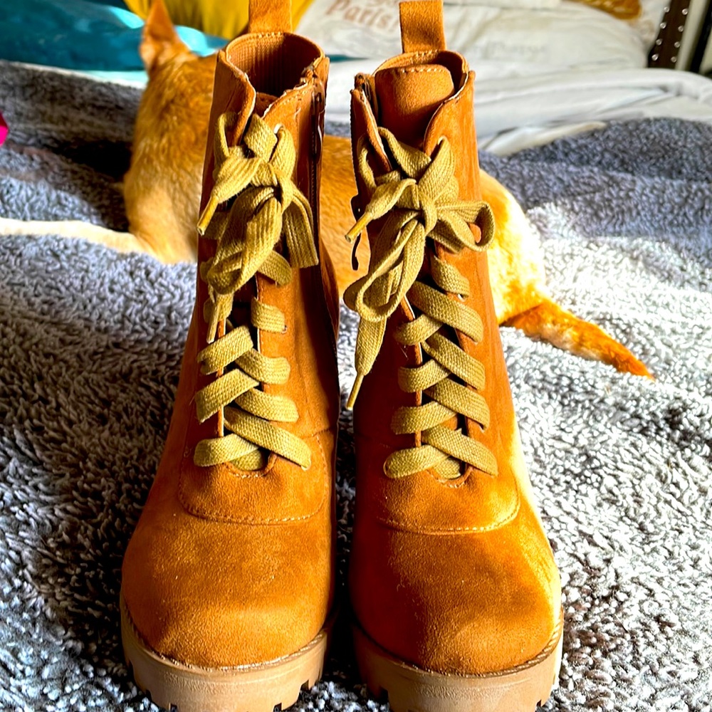 Brown suede booties with a chunky heel. Never worn